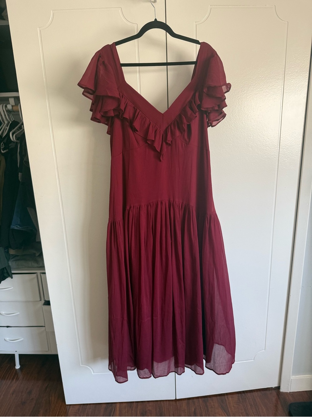 ASOS Curve Burgundy V-Neck Ruffle Maxi Dress